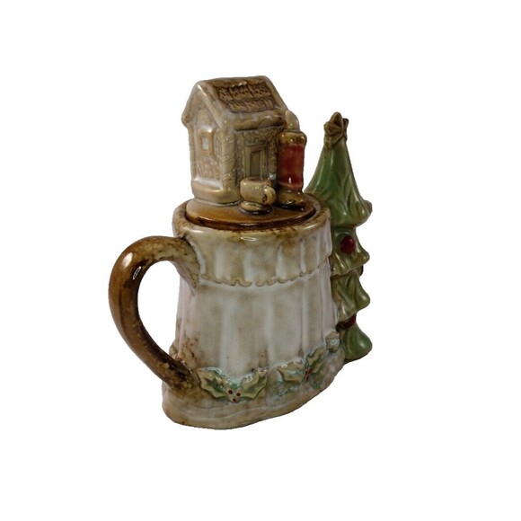 VTG Christmas Mini Teapot Glazed Ceramic Tree Star Candle Holly House 5" x 4.5" - Picture 5 of 10